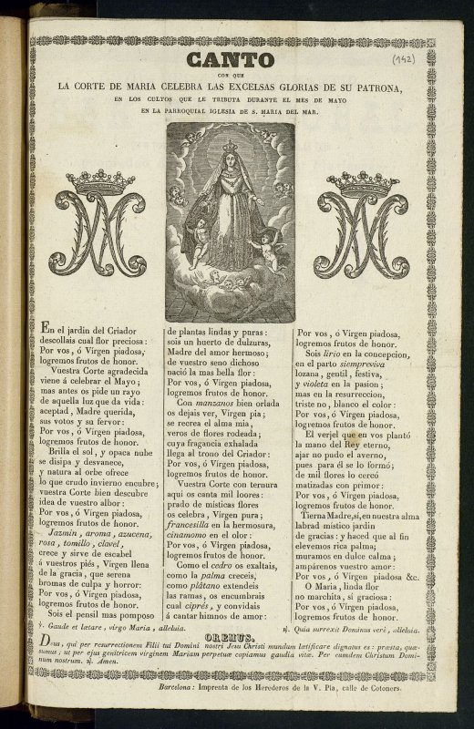 Canto con que la Corte de Maria celebra las excelsas glorias de su Patrona: en los cultos que le tributa durante el mes de mayo en la parroquial iglesia de S. Maria del Mar