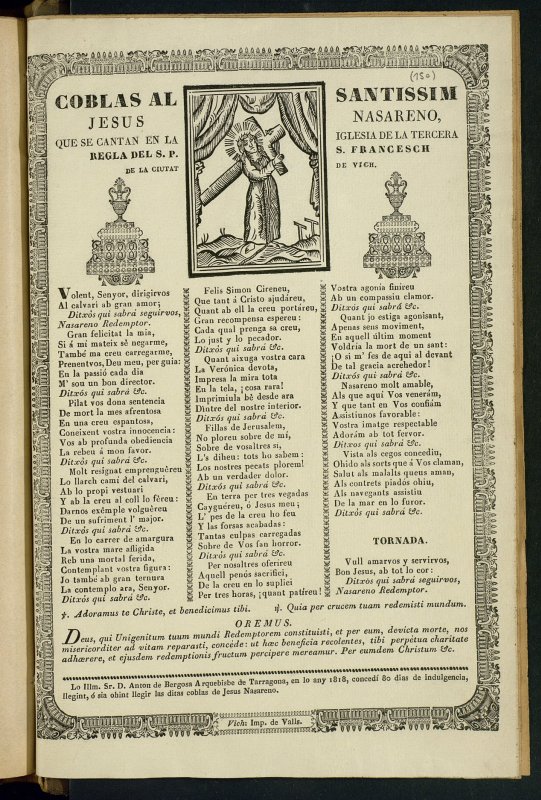 Coblas al Santissim Jesus Nasareno : que se cantan en la Iglesia de la Tercera Regla del S. P. S. Francesch de la ciutat de Vich