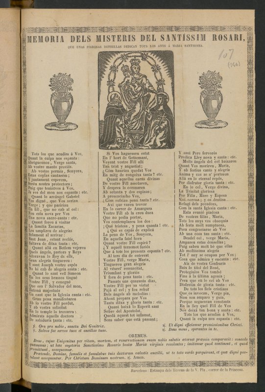 Memoria dels Misteris del Santissim Rosari que unas piadosas doncellas dedican tots los anys  Maria Santissima