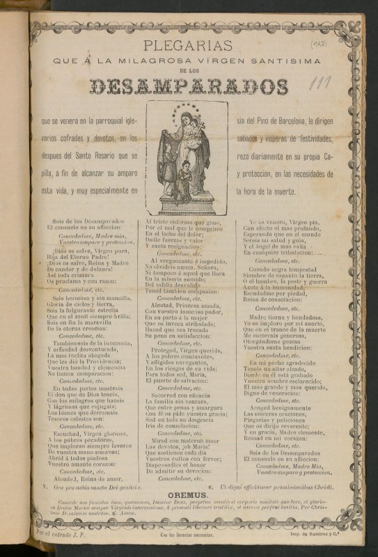 Plegarias que a la milagrosa Virgen Santsima de los desamparados que se venera en la parroquial iglesia el Pino de Barcelona, le dirigen varios cofrades y devotos[]
