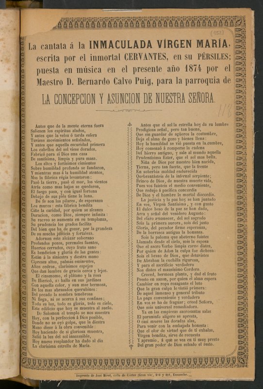 La cantata  la inmaculada Vrgen Mara, escrita por el inmortal Cervantes, en su Prsiles; puesta en msica en el presente ao 1874 por el Maestro D. Bernardo Calvo Puig, para la parroquia de al Concepcin y Asuncin de Nuestra Seora