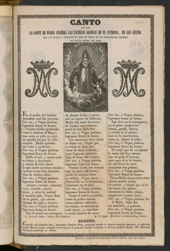 Canto con que la Corte de Maria celebra las excelsas glorias de su Patrona: en los cultos que le tributa durante el mes de mayo en la parroquial iglesia de S. Maria del Mar