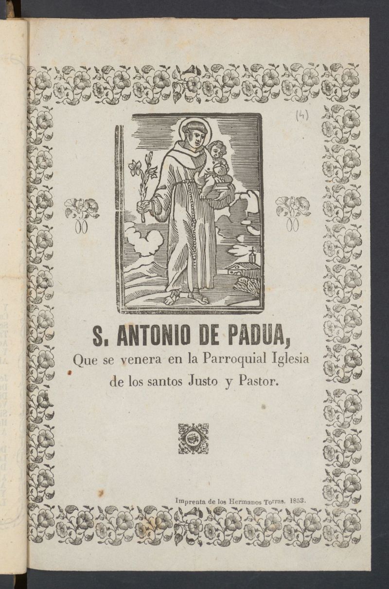 S. Antonio de Padua : que se venera en la Parroquial Iglesia de los santos Justo y Pastor