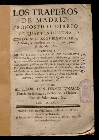 Los traperos de Madrid : pronstico diario de quartos de luna, con los sucessos elementales, aulicos, y polticos de la Europa, para el ao 1760